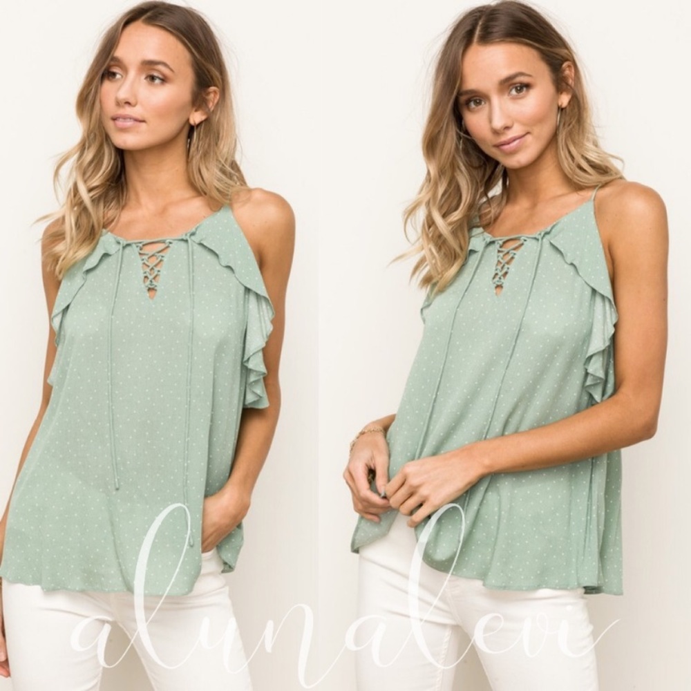 Sage Lace-up Top!  Feminine and Flirty!